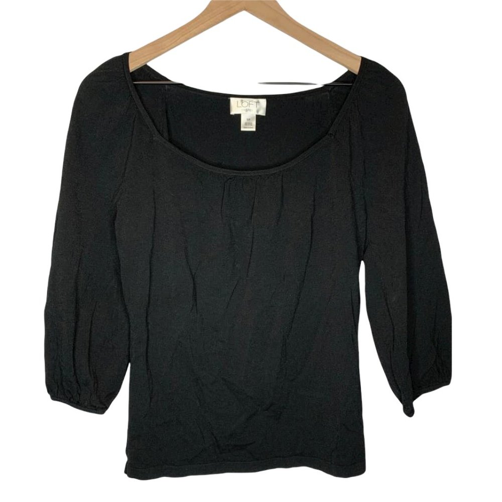 LOFT Petites Small Black Blouse 3/4 Sleeve Scoop Neck